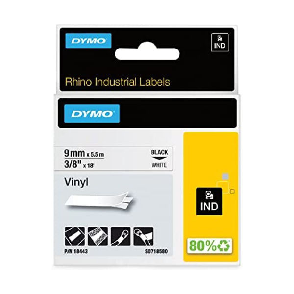 Picture of Dymo RHINO 18443 Permanent Polyester Black on White 9mm